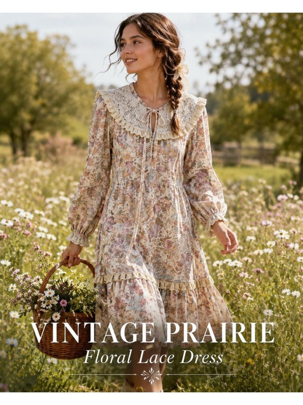 VTG 60s Aldens Fashions Prairie Dress Floral Lace Long Sleeve Cottagecore Boho S